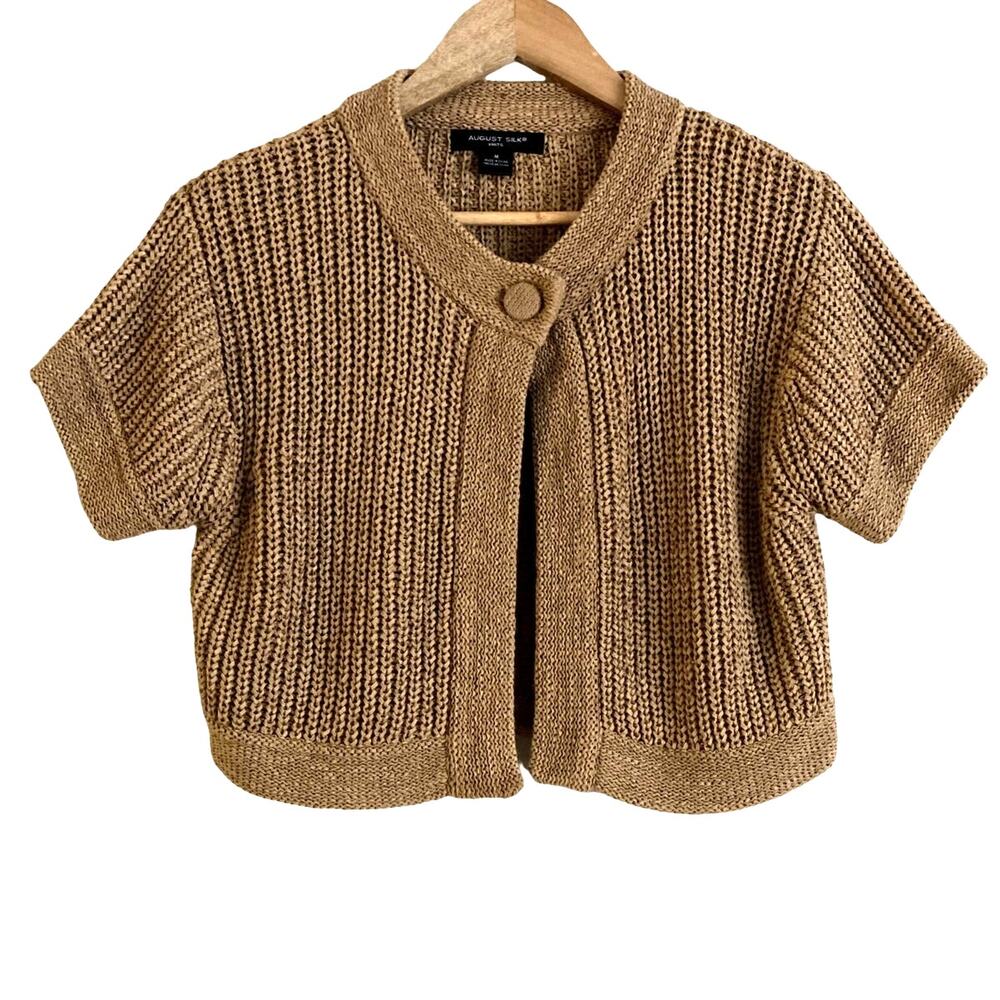 August Silk Knits-Size Medium Single Button Short Sleeve-Cropped‎ Sweater-EUC